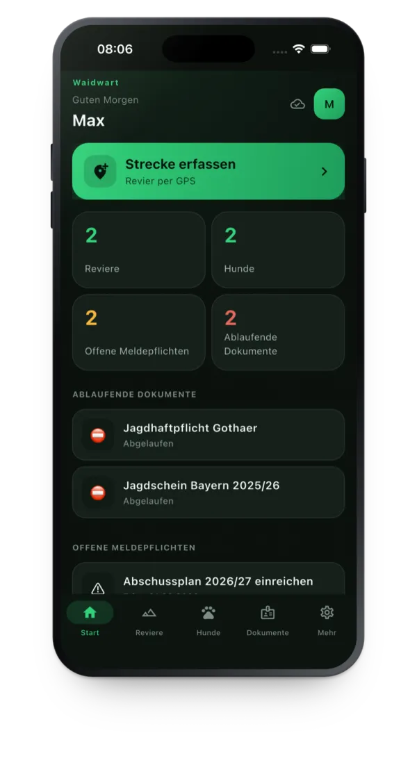 Das Waidwart-Dashboard auf dem iPhone