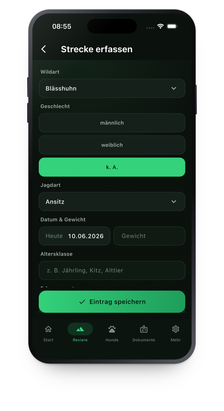 Waidwart App — Strecke erfassen mit Wildart, Geschlecht und Jagdart
