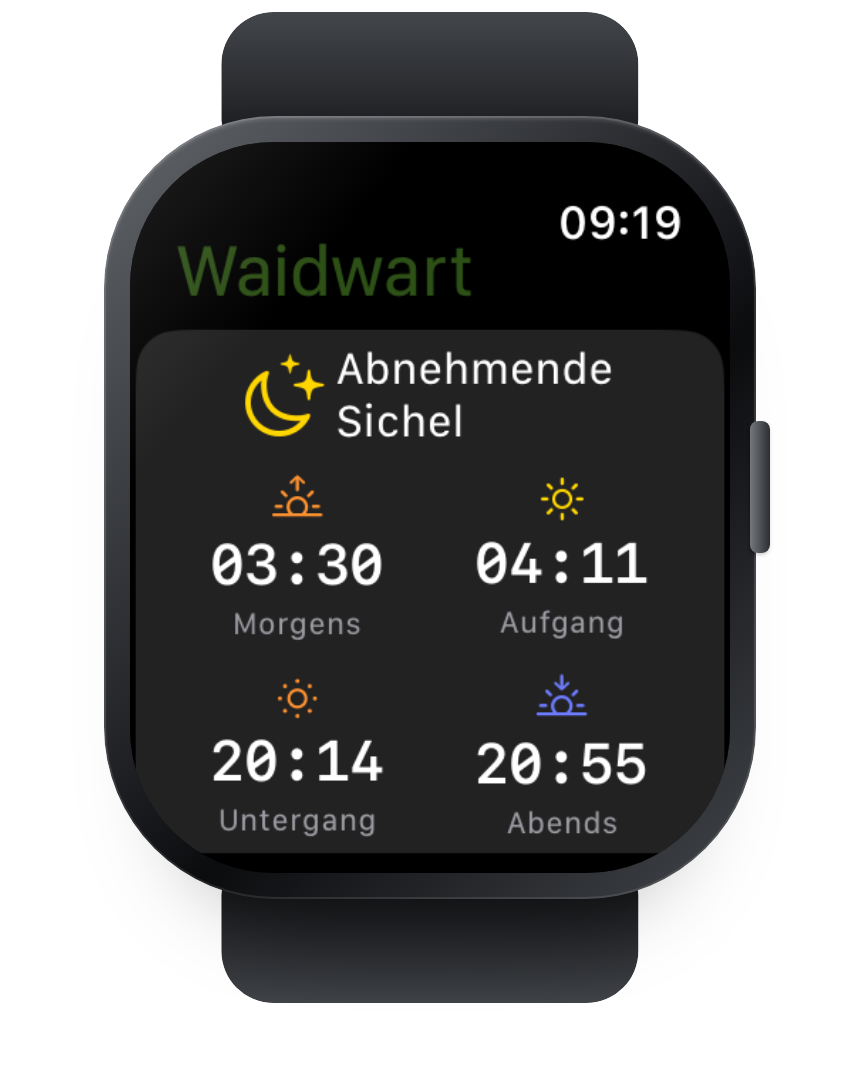 Waidwart auf der Apple Watch mit Sonnen- und Mondzeiten